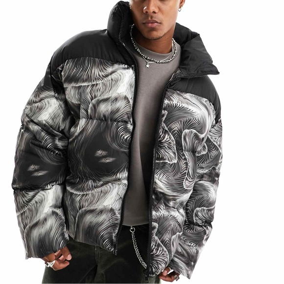 ASOS Collusion Puffer Jacket In Multi Print Mens Black And White Size L - Picture 2 of 11